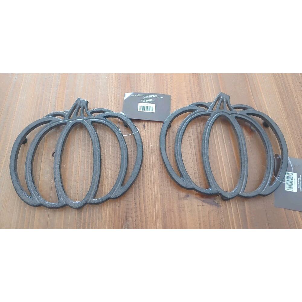 Set of 2 Fall Pumpkin Shaped Cast Iron Trivet Hot Pot Plate Holder Antique Brown